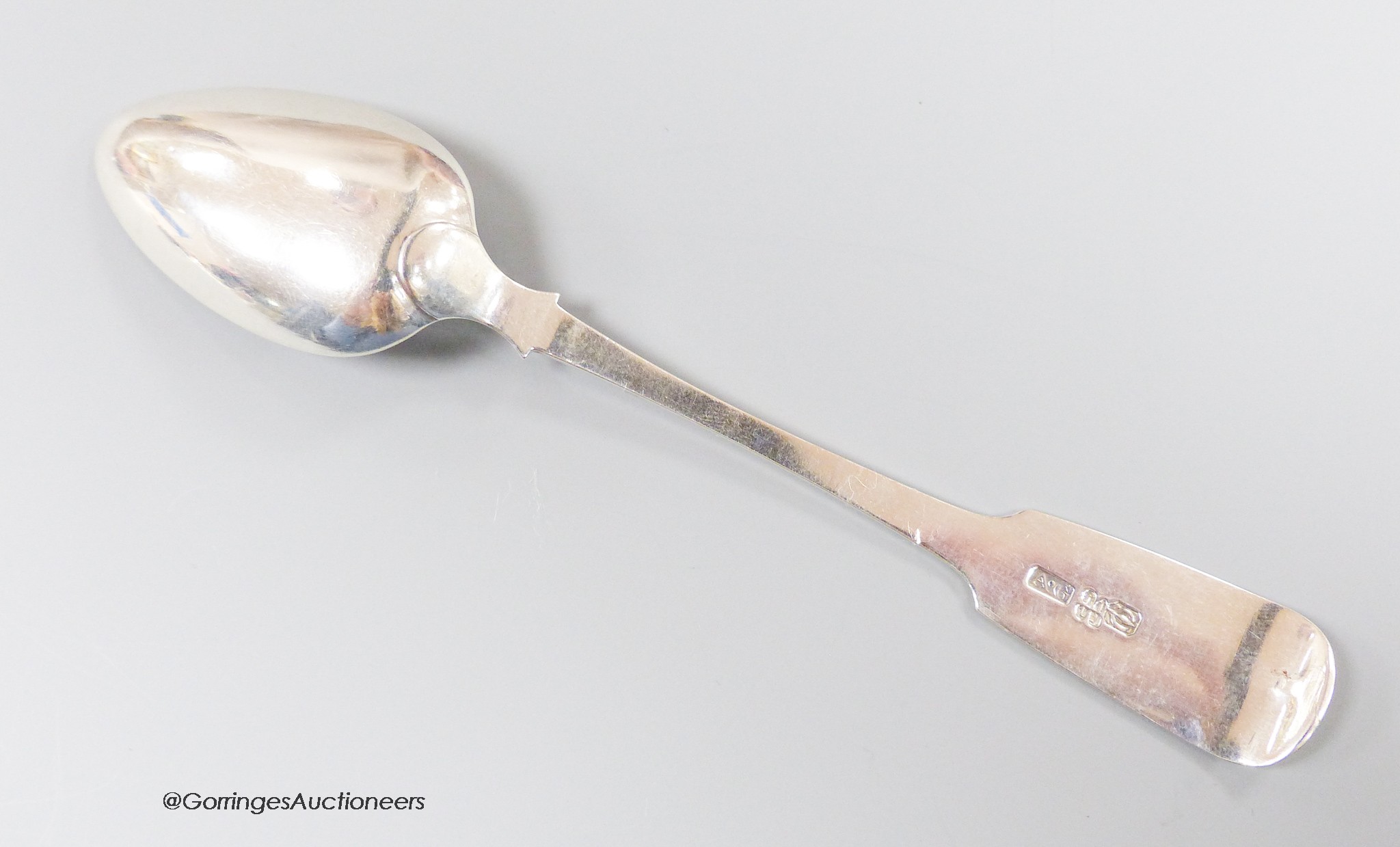 A 19th century Scottish provincial silver fiddle pattern teaspoons, possibly by Alexander Glenney, Stonehaven? c.1840, 14.5cm, 22n grams.